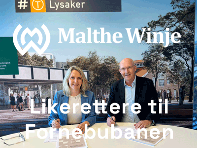 Irene Måsåval og Terje Bratlie underskriver kontrakten om Likerettere til Fornebubanen