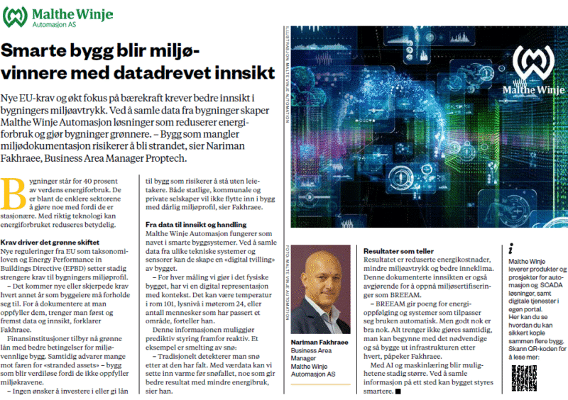 Annonsen for BA, smarte bygg blir miljøvinnere med datadrevet innsikt